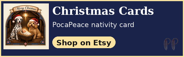 Christmas Cards. PocaPeace nativity card: two dogs in Santa hats watch over Baby Jesus in the manger. Shop on Etsy