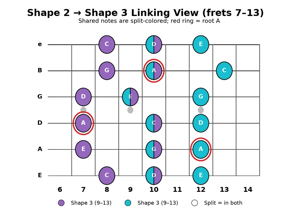 Guitar practice 2026-10-27, chart 3: Shape 2 (purple) linking into Shape 3 (teal); split dots are shared notes.