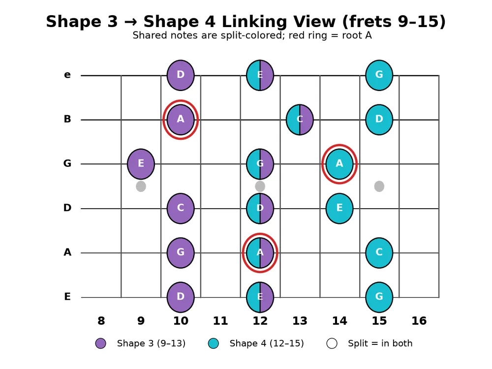 Guitar practice 2026-10-23, chart 3: Shape 3 (purple) linking into Shape 4 (teal); split dots are shared notes.