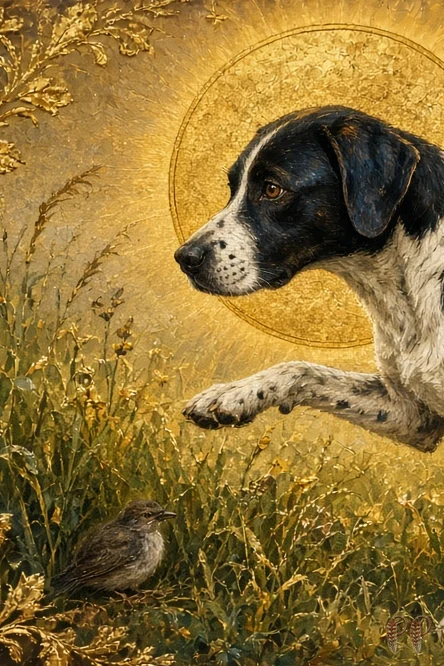 Card: Saint Oreo, a black and white dog with a golden halo, reaching gently toward a small sparrow in the grass.