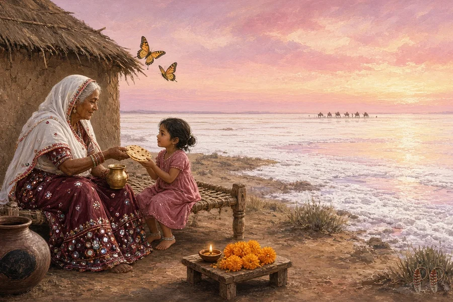Card: Santosha (Contentment). A grandmother shares bread with a little girl by the salt flats at sunrise.