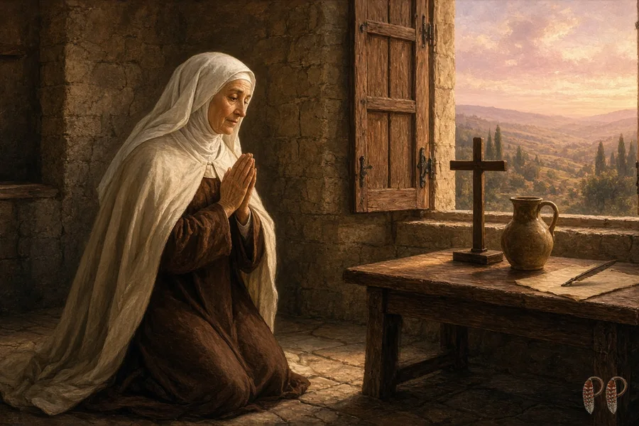 Card: St. Teresa of Ávila kneeling in prayer in a stone room by an open window.